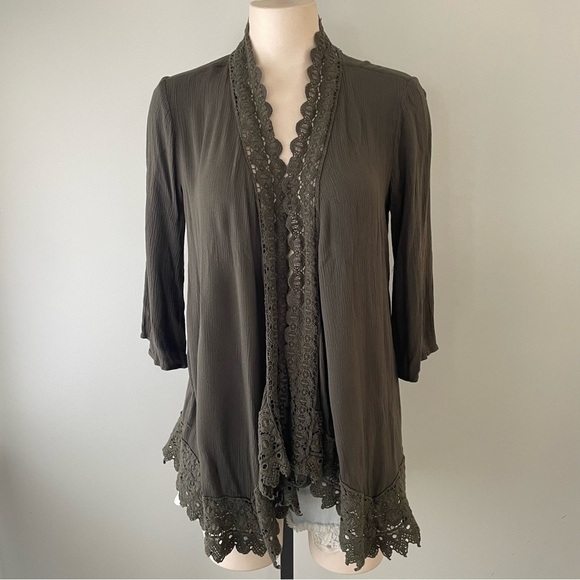 Warehouse One Sweaters - Boho Crochet Trim Crepe Open Cardigan Olive Green Size Medium